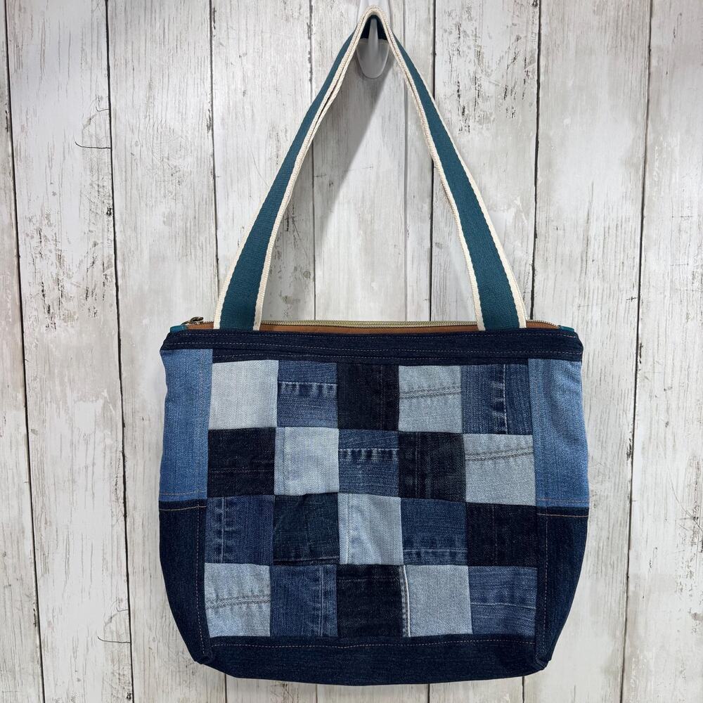 Denim Patchwork Zippered Blue Tote Bag